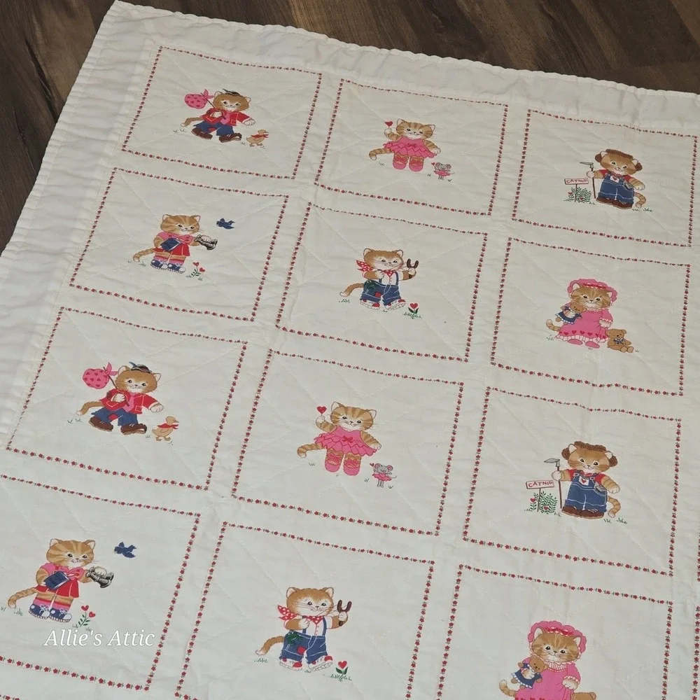 Vintage Cat Quilt Hand Made Patch Work Colorful Throw Blanket Anthropomorphic